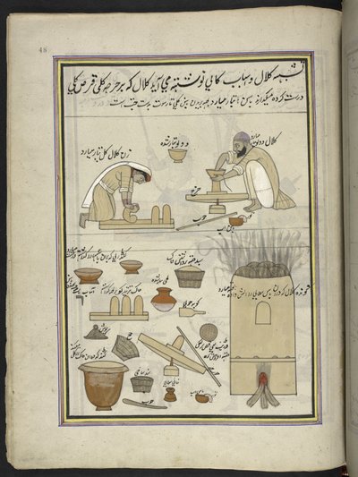 Oleiros, 86 desenhos encadernados num volume representando ofícios e profissões em Caxemira, Os artesãos são mostrados no trabalho com as suas alfaias e equipamento, Por um artista de Caxemira, provavelmente em Srinagar, c.1850-60 (guache em papel) de Indian School