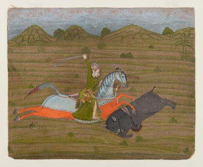 Príncipe Caçando Javali (Pintura em Miniatura), 1765 (wc opaco e ouro sobre papel) de Indian School