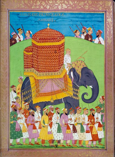 Princesa Palanquim sobre um elefante na corte do Shah Alem miniaturas indianas e persas em "History of India from Tamertante to Orangreyb" de Niccolo Manucci (1638-1717). B.N., Paris. de Indian School