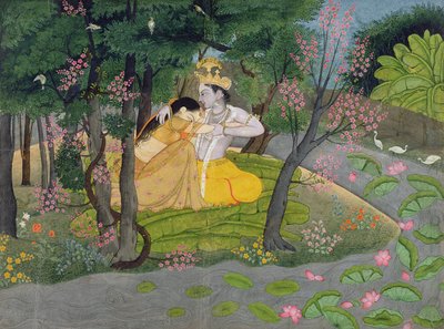 Radha e Krishna se abraçam em um bosque de árvores floridas, c.1780 (wc no papel) de Indian School