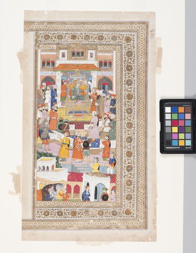 Raja com Courtiers (caneta, tinta, guache e folha de ouro em pergaminho) de Indian School