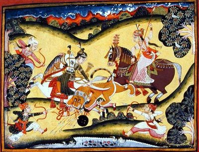Rajput Princesas Matando um Leão, Escola Bundi, c.1810-20 (gouache no papel) de Indian School