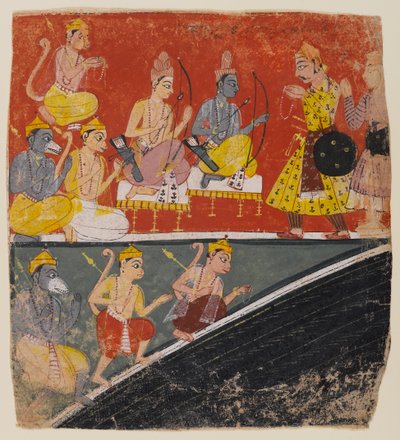 Rama e Lakshmana recebem emissários, página de uma série dispersa de Ramayana, c.1634 (wc no papel) de Indian School
