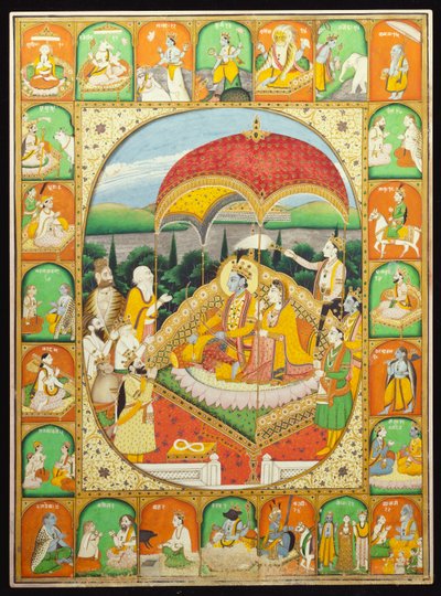 Rama e Sita Entronizado, adorado por Shiva, Hanuman e outros, 1800-20 de Indian School