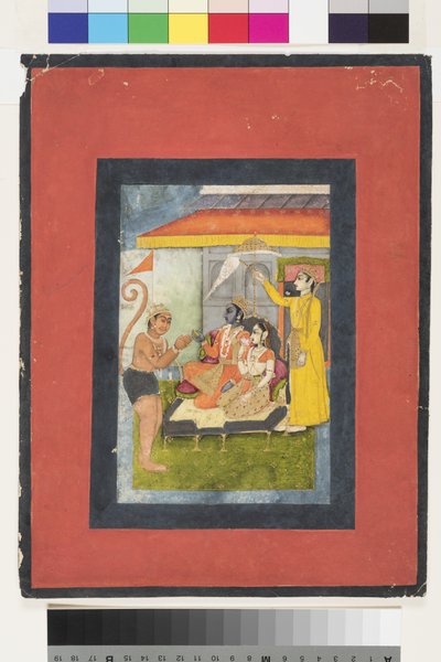 Rama e Sita entronizados, adorados por Hanuman; Lakshmana detém um morchal, c.1780 (wc opaca e ouro no papel) de Indian School