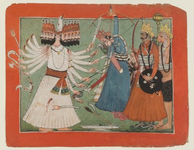 Ravana desafia o exército de Rama, c.1750 (aguarela opaca sobre papel) de Indian School