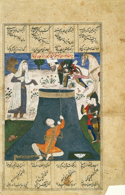 Rustam Resgata Bizhan do Calabouço, Folha de uma Série Shah-nama Dispersa (aquarela opaca, prata e ouro sobre papel) de Indian School