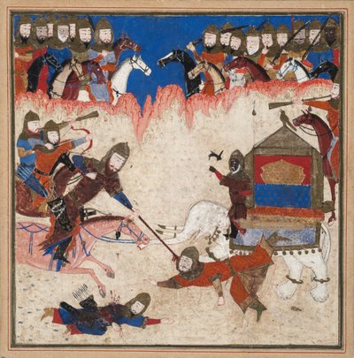 Rustam lassos o Khaqan da China e puxa-o de seu elefante, c.1450 (wc opaco e ouro sobre papel) de Indian School