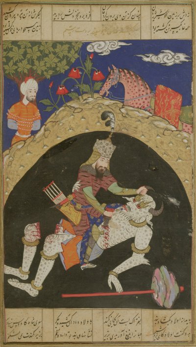 Rustam mata o Div Branco de Mazandaran, ilustração do Shahnama (Livro dos Reis), de Abul-Qasim Manur Firdawsi (c.934-c.1020), da região de Deccan, 1590 de Indian School