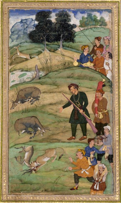 Salim, segurando seu rifle, gesticula para um nilgai morto, c.1600 (wc opaco e ouro no papel) de Indian School
