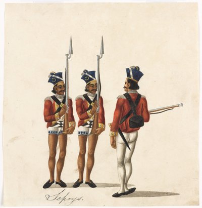 Sepoys and an Indian Officer, Bengal Army, c.1815 (aguarela sobre papel) de Indian School