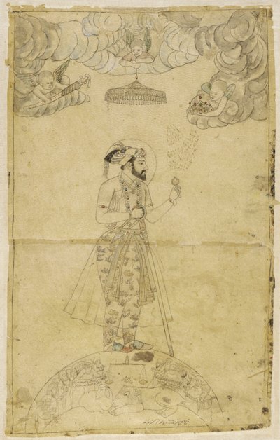 Shah Jahan em um globo (dourado e colorido no papel) de Indian School