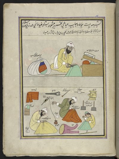 Alfaiates,  86 desenhos encadernados em um volume representando ofícios e ocupações na Caxemira, artesãos são mostrados trabalhando com seus implementos e equipamentos,  Por um artista da Caxemira, provavelmente em Srinagar, c.1850-60 (guache sobre papel) de Indian School