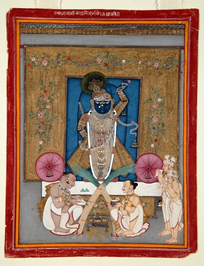 A adoração de Krishna como Shrinath ji, 1800-25 (wc opaca e ouro no papel) de Indian School