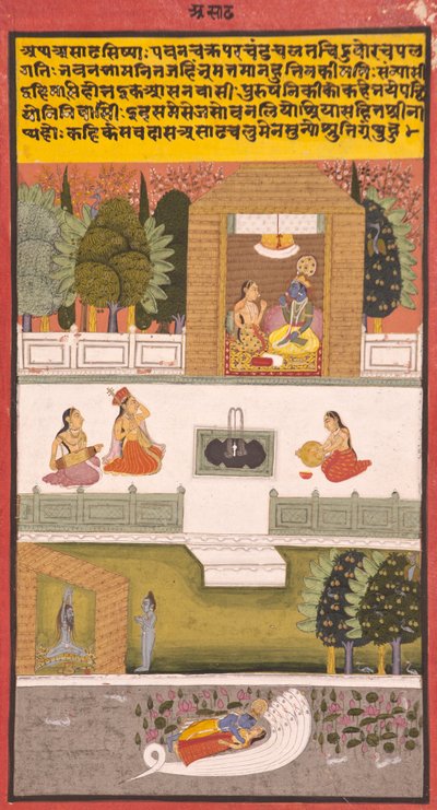 O oitavo mês: Asadha, 1730 (wc opaca e ouro sobre papel) de Indian School