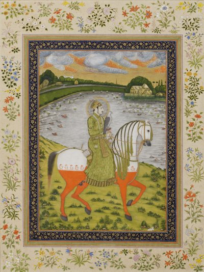O imperador Muhammad Shah, equestre, no campo de caça, c.1750 (wc opaca e ouro sobre papel) de Indian School