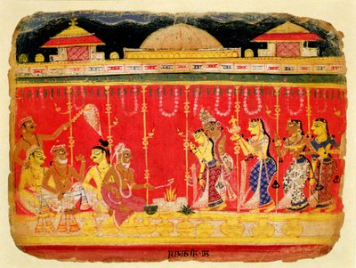 O Casamento dos Pais de Krishna, de um manuscrito disperso do Bhagavata Purana de Mewar, Rajastão, c.1520-50 (wc opaco no papel) de Indian School