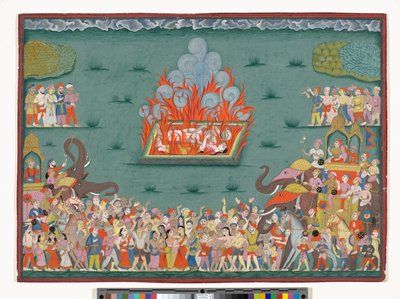 A Sati de Ramabai, esposa de Madhavrao Peshwa, c.1772-75 (aguarela e ouro sobre papel) de Indian School