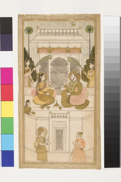 O Sultão da Golconda, Quli Qutb Shah, sentado com seu consorte, 1700-25 (wc opaca e ouro sobre papel) de Indian School