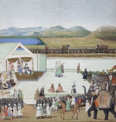 O sultão turco Bayazid trouxe cativo antes de Timur, c.1850 (wc opaco e ouro no papel) de Indian School