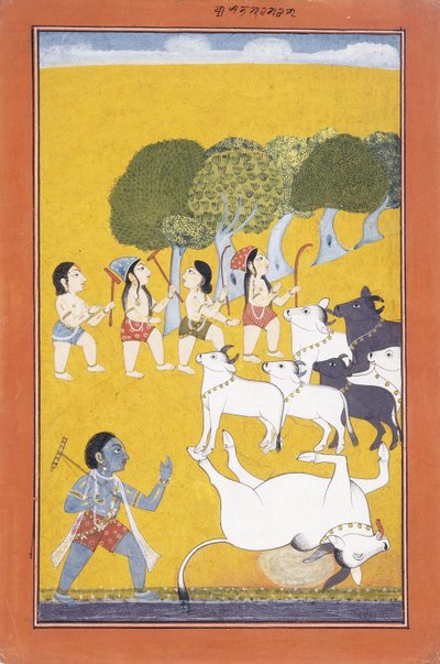 O jovem Krishna mata o demônio Vatsasura, que apareceu disfarçado de bezerro, c.1730-1740 de Indian School
