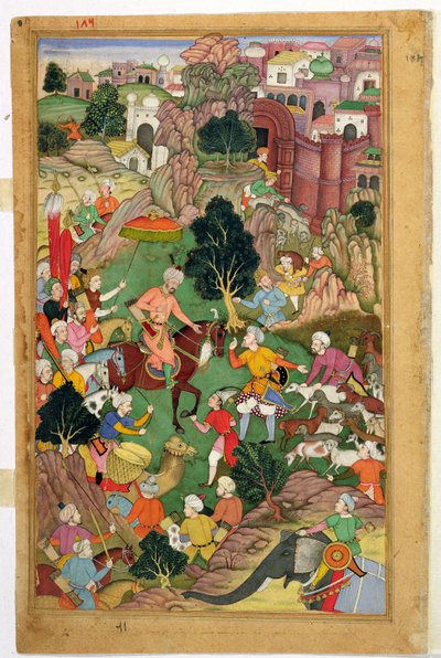 A captura das ovelhas Hazaras, do "Baburnama" ("As Memórias de Babur"), Mughal de Indian School