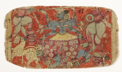 A deusa Kali luta contra demônios, de Durga atacando os demônios Shambha e Nishumbha (wc opaco no papel) de Indian School