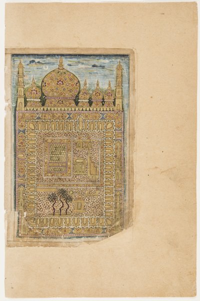 A tumba do Profeta em Medina, de Dala&39;il al-Khayrat (Coleção de Orações para o Profeta Muhammad), c.1660 (aquarela opaca e ouro sobre papel) (frente de 3702788) de Indian School