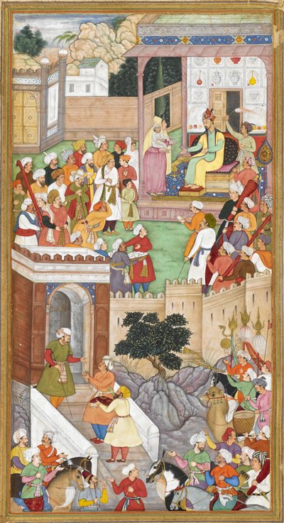 O jovem Akbar apresentado a Humayun (imperador mogol da Índia) em Cabul de Indian School