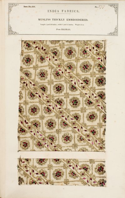 Amostra de musselina grossa e bordada de Madras, da Coleção de Fabricantes Têxteis da Índia, de John Forbes Watson, publicada em 1866 de Indian School