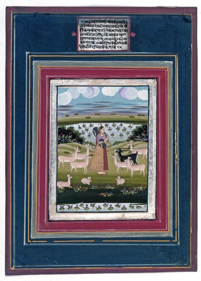 Todi ragini - Uma senhora jogando uma vina em uma paisagem com animais, 1810-20 de Indian School