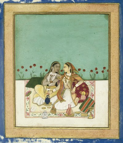 Duas mulheres em um terraço, depois de 1700 (wc opaco e ouro no papel) de Indian School