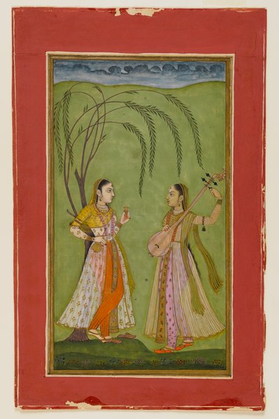 Duas senhoras em uma paisagem, c.1725 (wc opaca no papel) de Indian School