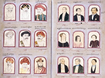 Duas folhas de um álbum de retratos nativos e europeus, c.1830-1850 de Indian School
