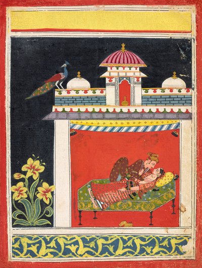 Dois amantes num pavilhão, de um "Amarushataka" (Cem poemas de Amaru), ou de uma série erótica não identificada, c.1680 (aguarela opaca e ouro sobre papel) de Indian School