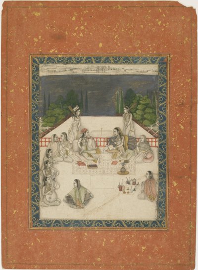 Duas mulheres sentadas em um terraço, cercadas por atendentes e músicos, c.1650 (wc opaca e ouro sobre papel) de Indian School