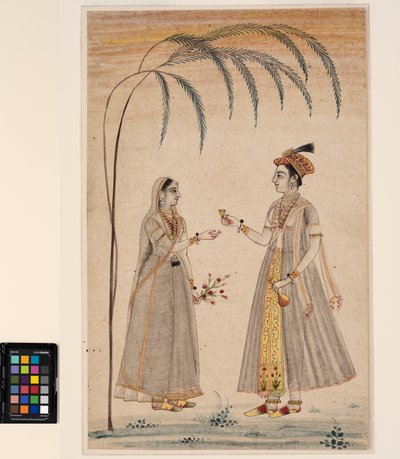 Duas mulheres debaixo de uma árvore, c.1750 (aquarela opaca e ouro sobre papel) de Indian School