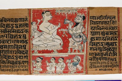 Vimalaprava conversa com Raji e Lakshmi, c.1300 (wc opaco na folha de palmeira) de Indian School