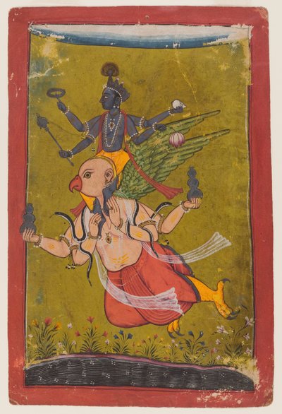 Vishnu na Garuda, c.1725 ou anterior (wc, prata e ouro no papel) de Indian School