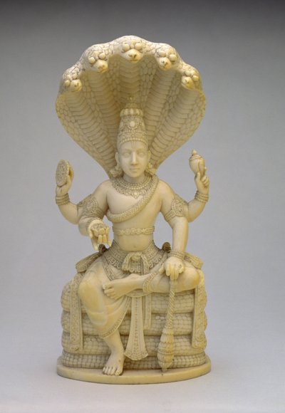 Vishnu, sentado na Serpente Sesha, segurando uma concha, maça, disco e lótus de Indian School