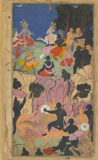 Vol.2 fol.194 Rama confere com os chefes dos Vanara no Monte. Suvela (aguarela opaca, tinta e ouro sobre papel) de Indian School