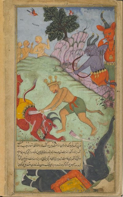 Vol.2 fol.227 Angada derruba Devantaka com uma presa arrancada do elefante Mahodaras (aquarela opaca, tinta e ouro no papel) de Indian School