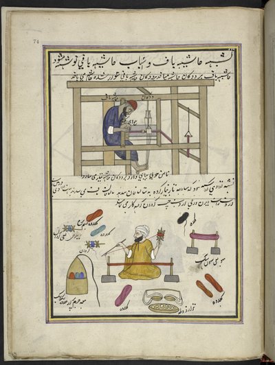 Tecelão fazendo uma fronteira; homem enrolando lãs coloridas, 86 desenhos encadernados num volume representando ofícios e profissões em Caxemira, Artesãos são mostrados no trabalho com os seus utensílios e equipamento, Por um artista de Caxemira, provavelm de Indian School