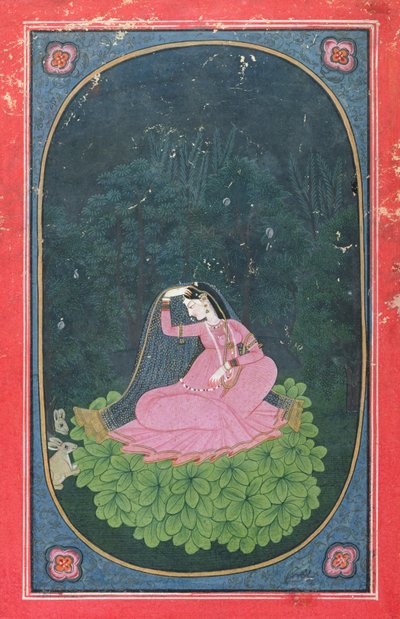 Mulher, sentada, cama, folhas, floresta de Indian School
