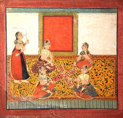 Mulheres jogando Parcheesi, sentado em um piso amarelo estampado espalhar, c.1725 (wc opaco e ouro no papel) de Indian School