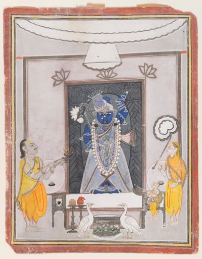 Adoração de Shrinathaji (wc opaca, ouro e prata no papel) de Indian School