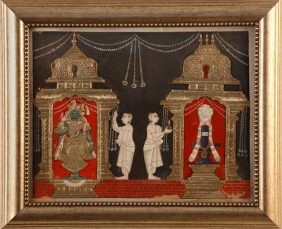 Adorando Visnhu e Shiva na forma de Shivalingam, Escola Tanjavore, final do século XIX (wc e ouro sobre papel) de Indian School