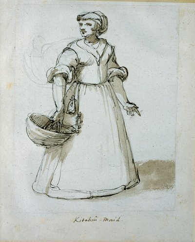Uma empregada de cozinha (caneta e tinta sobre papel) de Inigo Jones