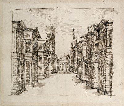 Uma rua em perspectiva, c.1617 (caneta e tinta sobre papel) de Inigo Jones