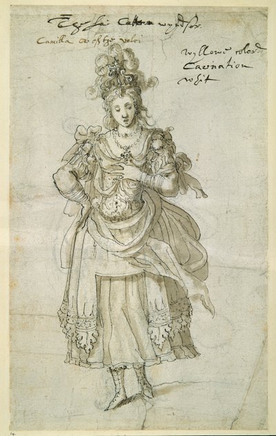 Camilla, c.1609 (caneta e tinta sobre papel) de Inigo Jones